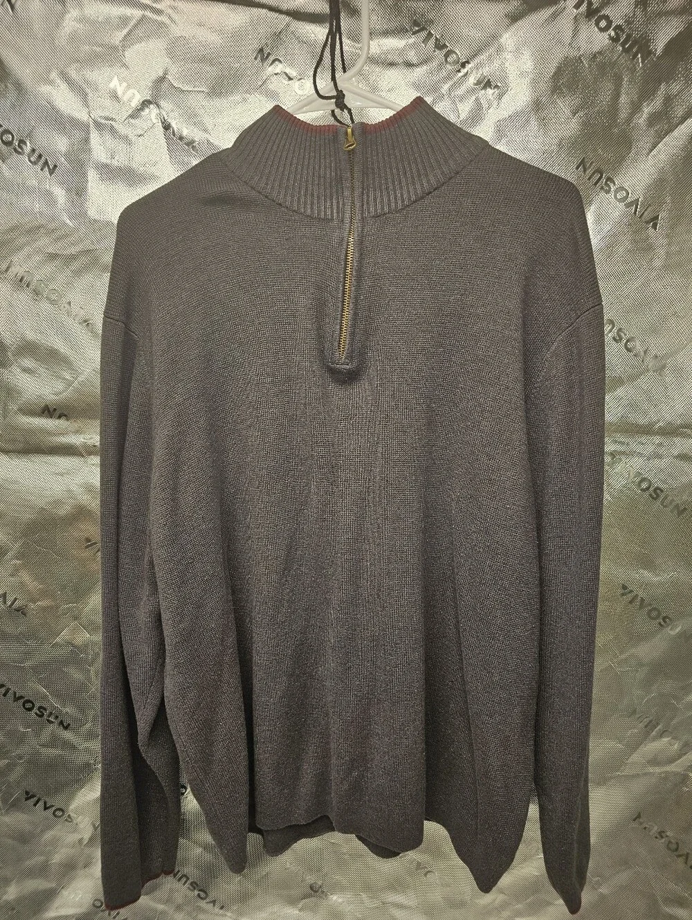 Geoffrey Beene Quarter Zip Sweater Men's XL Grey Burgundy Knit Pullover
